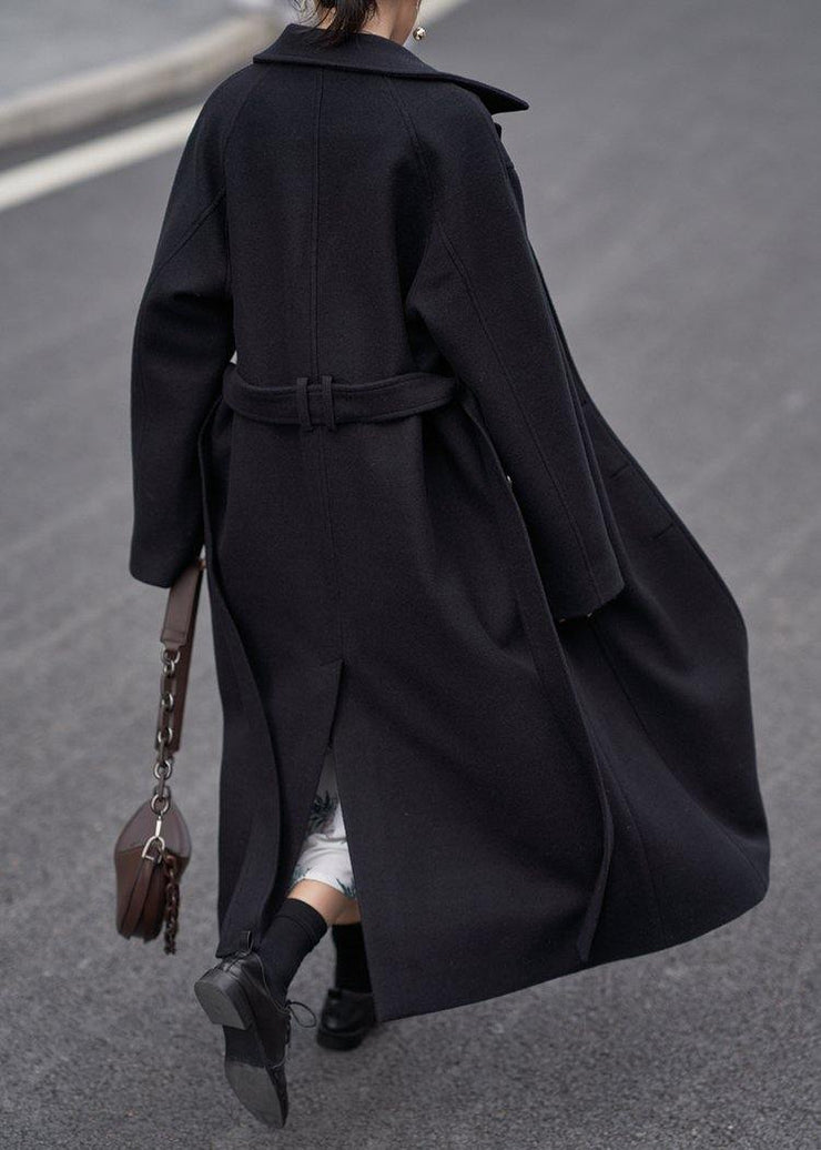 Fine oversize long coats  women black Notched tie waist Wool jackets - bagstylebliss