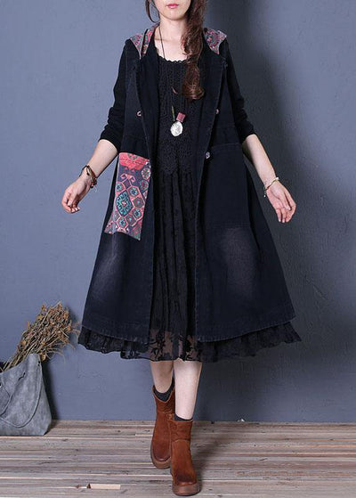 Fine oversized maxi coat fall black patchwork hooded coats - bagstylebliss