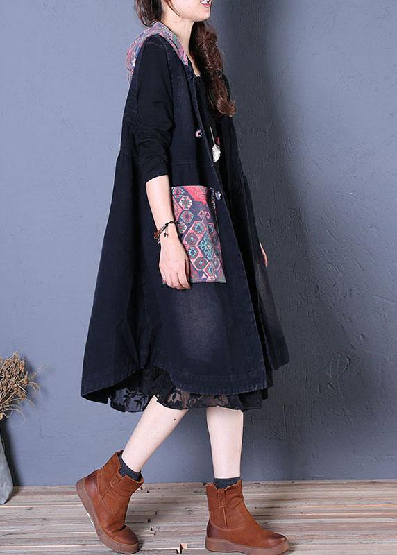 Fine oversized maxi coat fall black patchwork hooded coats - bagstylebliss