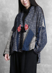 Fine oversized winter coats blue print v neck patchwork womens coats - bagstylebliss