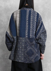 Fine oversized winter coats blue print v neck patchwork womens coats - bagstylebliss