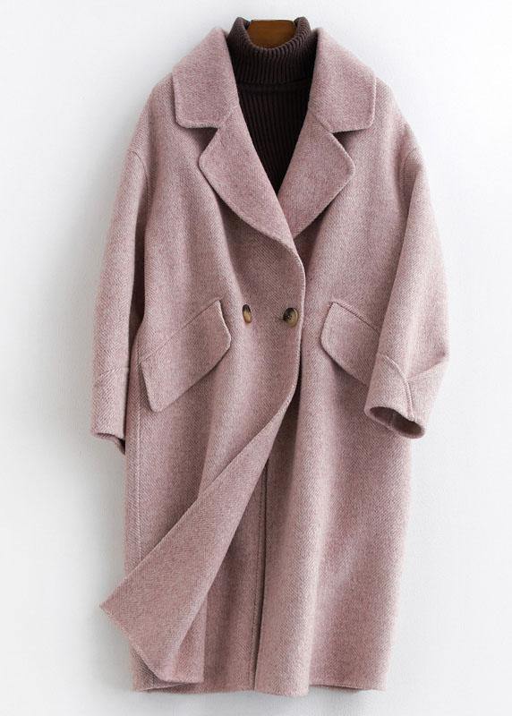 Fine pink Woolen Notched Coat Women oversize mid-length pockets coats - bagstylebliss