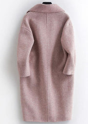 Fine pink Woolen Notched Coat Women oversize mid-length pockets coats - bagstylebliss