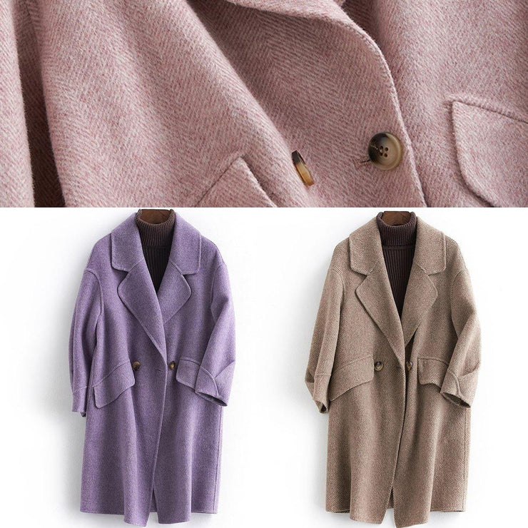 Fine pink Woolen Notched Coat Women oversize mid-length pockets coats - bagstylebliss