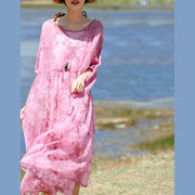 Fine pink silk caftans trendy plus size O neck silk clothing dress casual Three Quarter sleeve baggy dresses