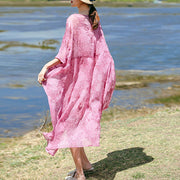 Fine pink silk caftans trendy plus size O neck silk clothing dress casual Three Quarter sleeve baggy dresses