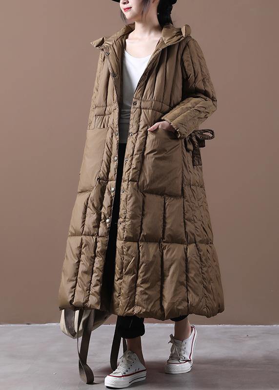 Fine plus size Winter Winter overcoat chocolate hooded pockets goose Down coat - bagstylebliss