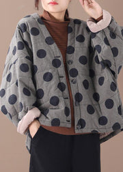 Fine plus size clothing jackets black plaid dotted v neck Button Down women parka - bagstylebliss