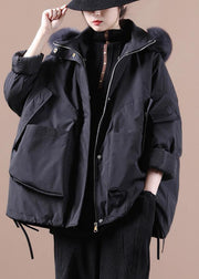 Fine plus size down jacket overcoat black hooded fur collar goose Down coat - bagstylebliss