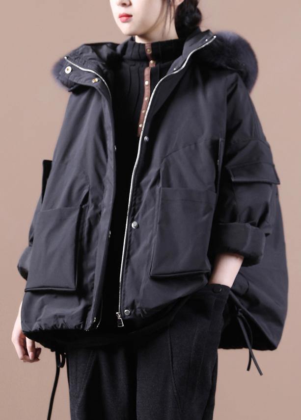 Fine plus size down jacket overcoat black hooded fur collar goose Down coat - bagstylebliss