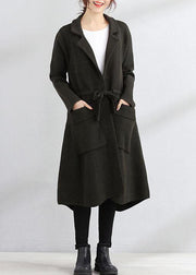 Fine plus size fall coat army green Square Collar tie waist Woolen Coats - bagstylebliss