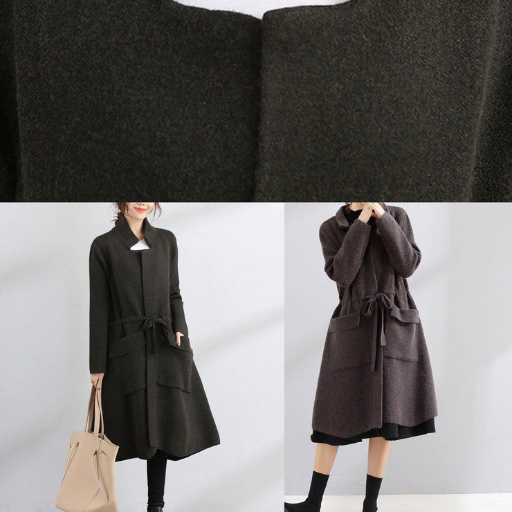 Fine plus size fall coat army green Square Collar tie waist Woolen Coats - bagstylebliss