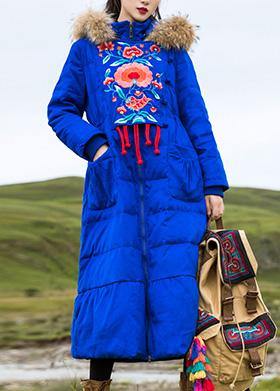 Fine plus size womens parka embroidery overcoat blue hooded goose Down coat - bagstylebliss