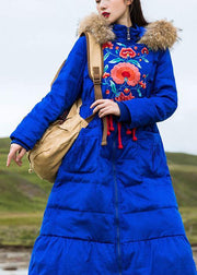 Fine plus size womens parka embroidery overcoat blue hooded goose Down coat - bagstylebliss