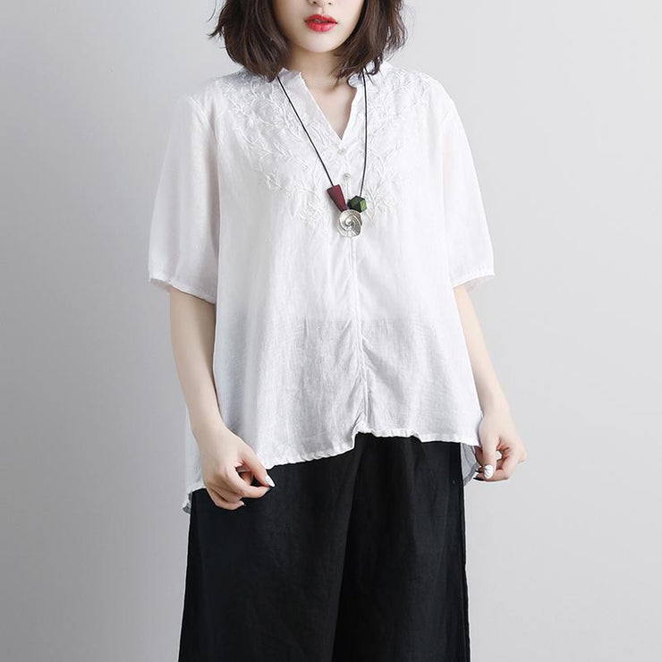 Fine pure linen blouse trendy plus size Retro Short Sleeve Embroidery High-low Hem Tops