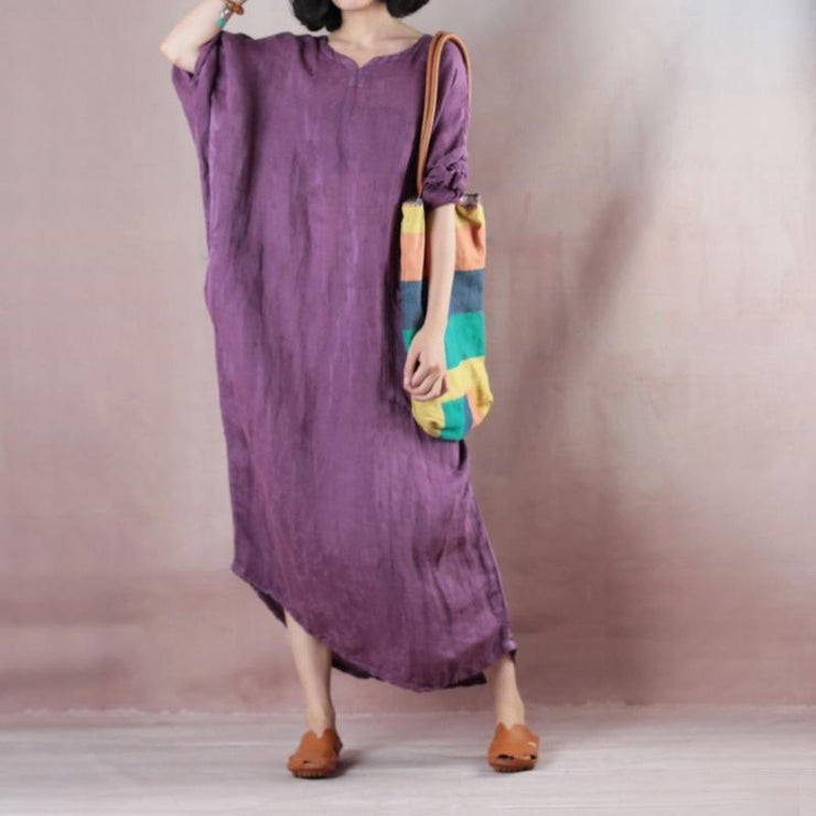 Fine purple long linen dresses oversize o neck asymmetrical design traveling clothing casual long sleeve baggy dresses