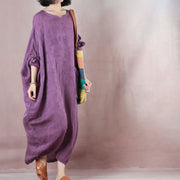 Fine purple long linen dresses oversize o neck asymmetrical design traveling clothing casual long sleeve baggy dresses