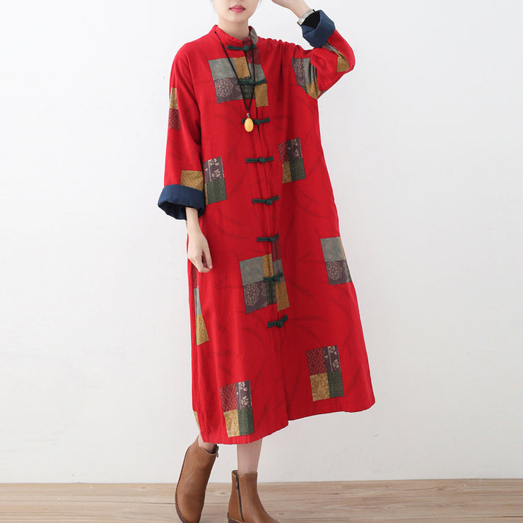 Fine red linen coat oversized patchwork long cotton cardigan Fine Chinese Button traveling clothing