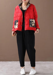 Fine red patchwork print warm winter coat stand collar pockets winter outwear - bagstylebliss