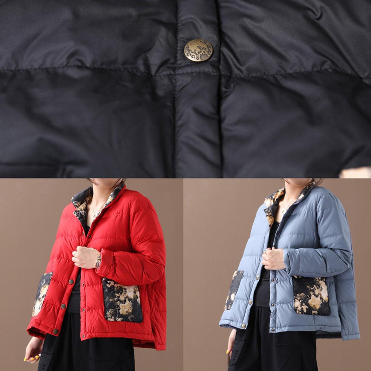 Fine red patchwork print warm winter coat stand collar pockets winter outwear - bagstylebliss