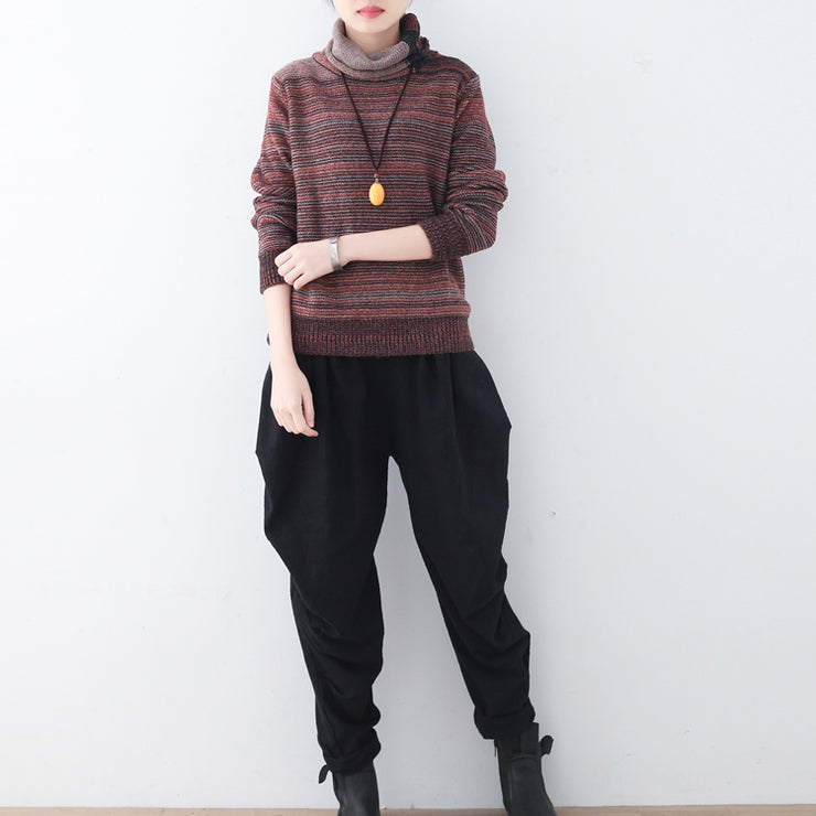 Fine red striped cozy sweater fall fashion knit sweat tops women high neck winter shirt