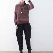 Fine red striped cozy sweater fall fashion knit sweat tops women high neck winter shirt