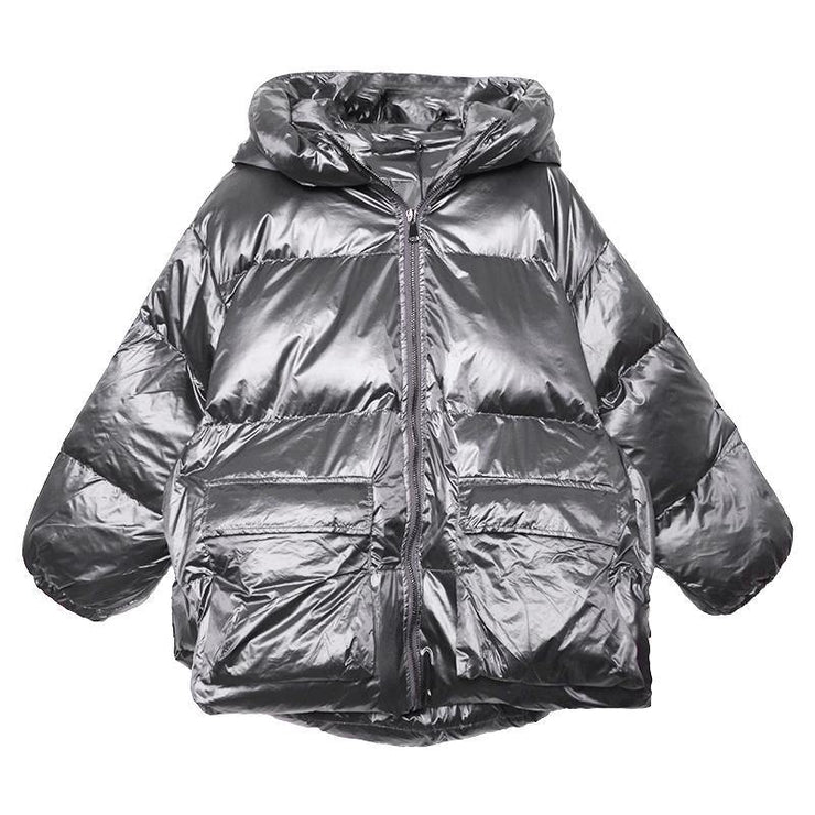 Fine silver gray down coat winter plus size womens parka hooded zippered Fine winter outwear - bagstylebliss