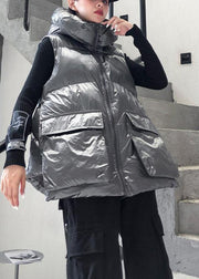 Fine silver gray winter outwear plus size clothing snow sleeveless hooded pockets winter outwear - bagstylebliss