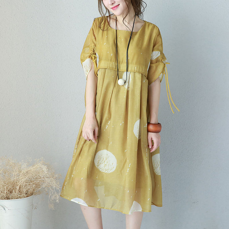 Fine yellow prints chiffon dresses oversized high waist dress Elegant drawstring sleeve dresses