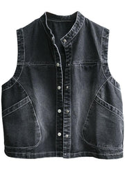 Fitted  Black Stand Collar Pockets Button Fall Top Sleeveless Waistcoat - bagstylebliss