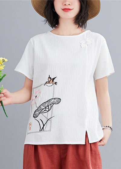 Fitted  White Embroideried Lotus Blouse Tops Summer Cotton Linen - bagstylebliss