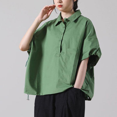 Fitted Army Green Peter Pan Collar Blouse Top Short Sleeve - bagstylebliss