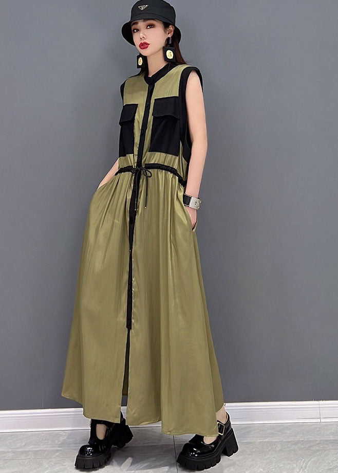 Fitted Army Green Stand Collar Patchwork Pockets Drawstring Chiffon Long Dresses Sleeveless