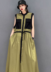 Fitted Army Green Stand Collar Patchwork Pockets Drawstring Chiffon Long Dresses Sleeveless