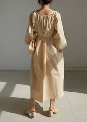 Fitted Beige lantern sleeve Pockets Cotton Dress