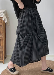 Fitted Black Asymmetrical Striped Cotton Skirts Summer