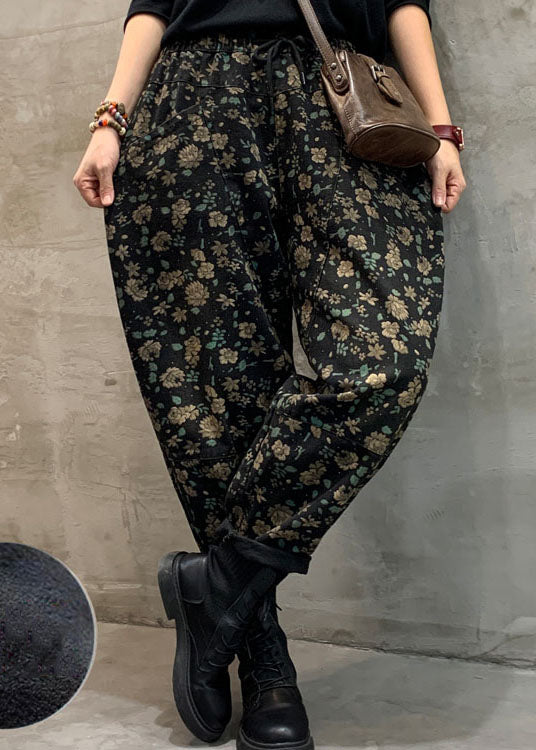 Fitted Black Fleece Lined Floral denim Pants Winter