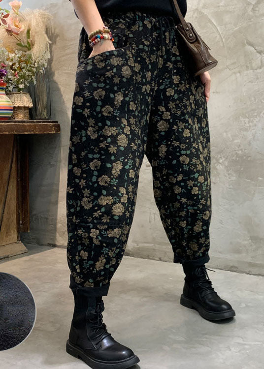 Fitted Black Fleece Lined Floral denim Pants Winter