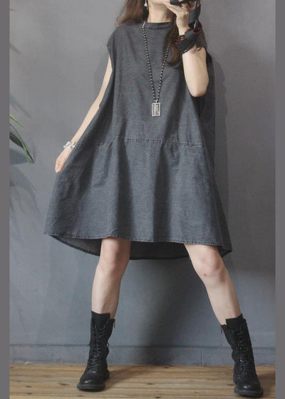 Fitted Black Grey O-Neck low high design Summer Denim Mid Dress - bagstylebliss