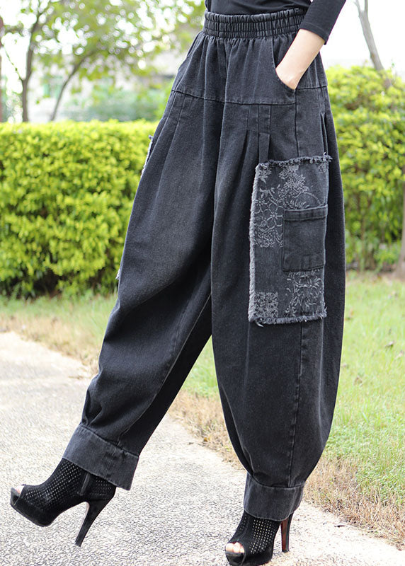 Fitted Black Grey Pockets Patchwork Jeans Winter Pants Trousers