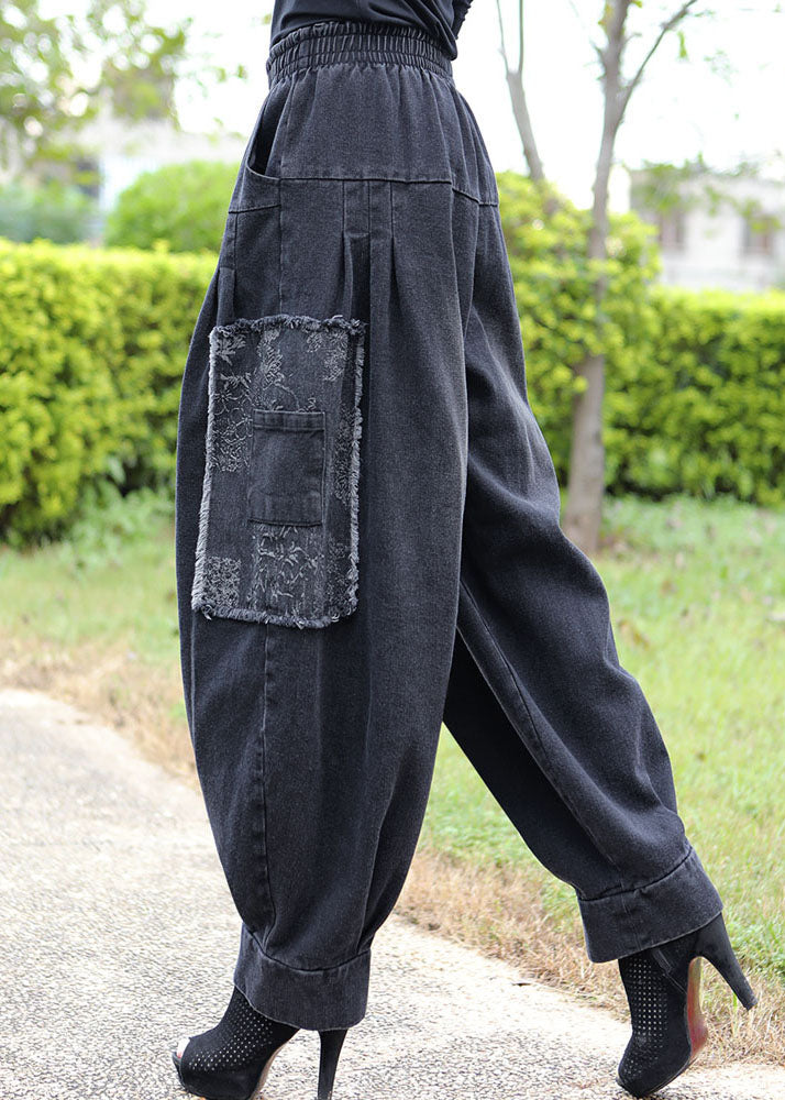 Fitted Black Grey Pockets Patchwork Jeans Winter Pants Trousers