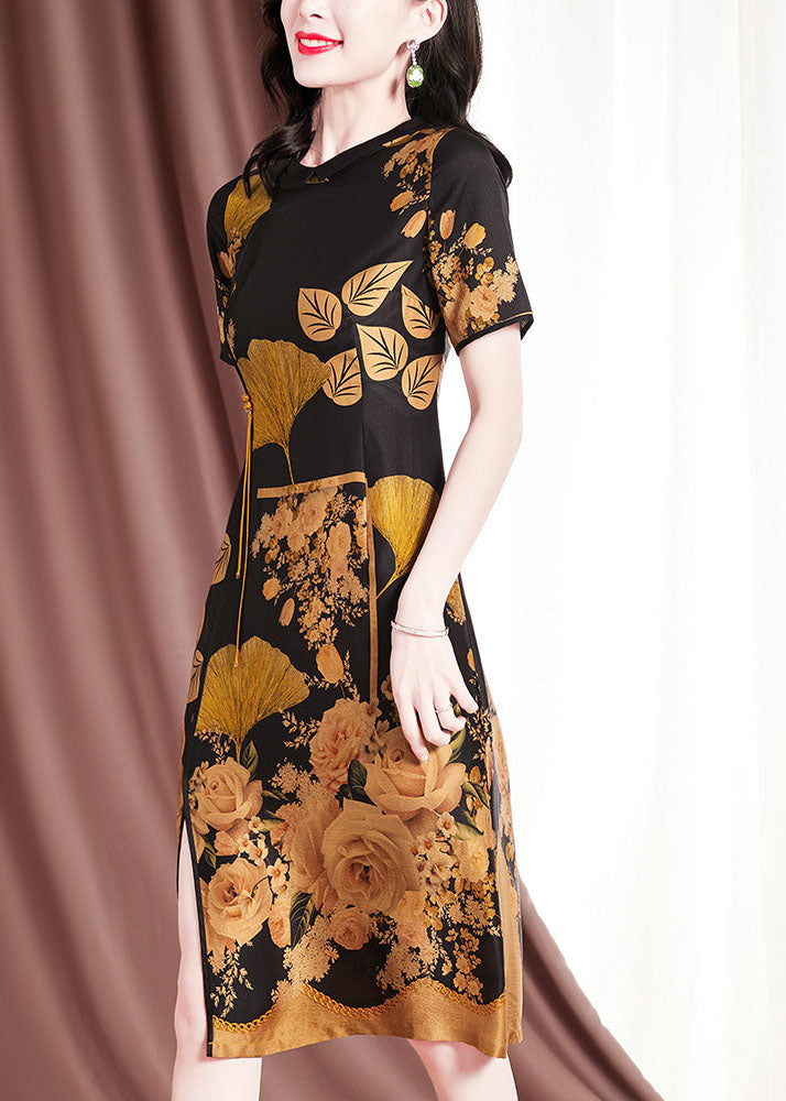 Fitted Black O-Neck Floral Print Side Open Silk Dress Short Sleeve