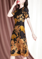 Fitted Black O-Neck Floral Print Side Open Silk Dress Short Sleeve