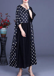 Fitted Black Patchwork Dot V Neck Silk Ankle Dress Summer - bagstylebliss