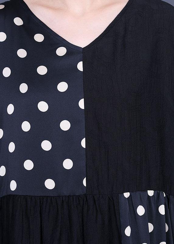 Fitted Black Patchwork Dot V Neck Silk Ankle Dress Summer - bagstylebliss
