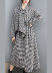 Fitted Black PlaidPeter Pan CollarButtonasymmetrical design Fall Holiday Dress Long sleeve