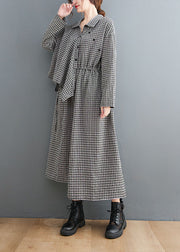 Fitted Black PlaidPeter Pan CollarButtonasymmetrical design Fall Holiday Dress Long sleeve