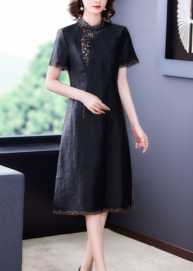 Fitted Black Stand Collar Zippered Embroideried Side Open Silk Dresses Short Sleeve