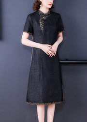 Fitted Black Stand Collar Zippered Embroideried Side Open Silk Dresses Short Sleeve