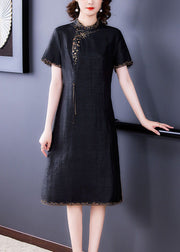 Fitted Black Stand Collar Zippered Embroideried Side Open Silk Dresses Short Sleeve